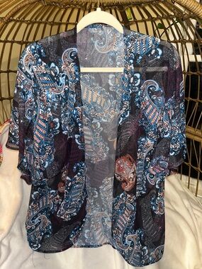 Sheer Paisley Kimono Cardigan in Navy and Light Blue